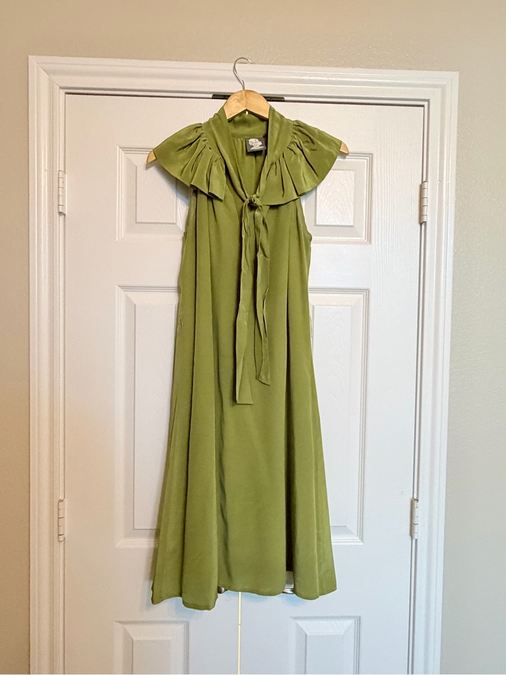 Anthropologie Olive-Green Sleeveless Midi Dress with Tie Neck Ruffle